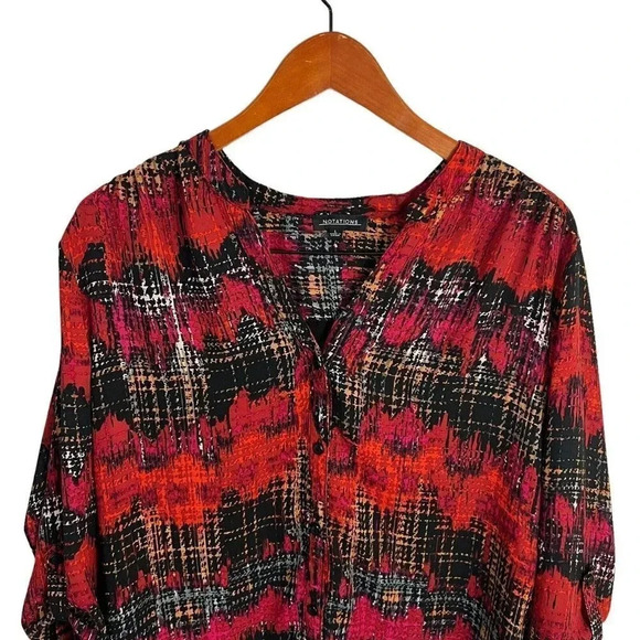 Notations Red Abstract Striped Blouse Womens Large Button Up Open Back Lined Top - Picture 5 of 9